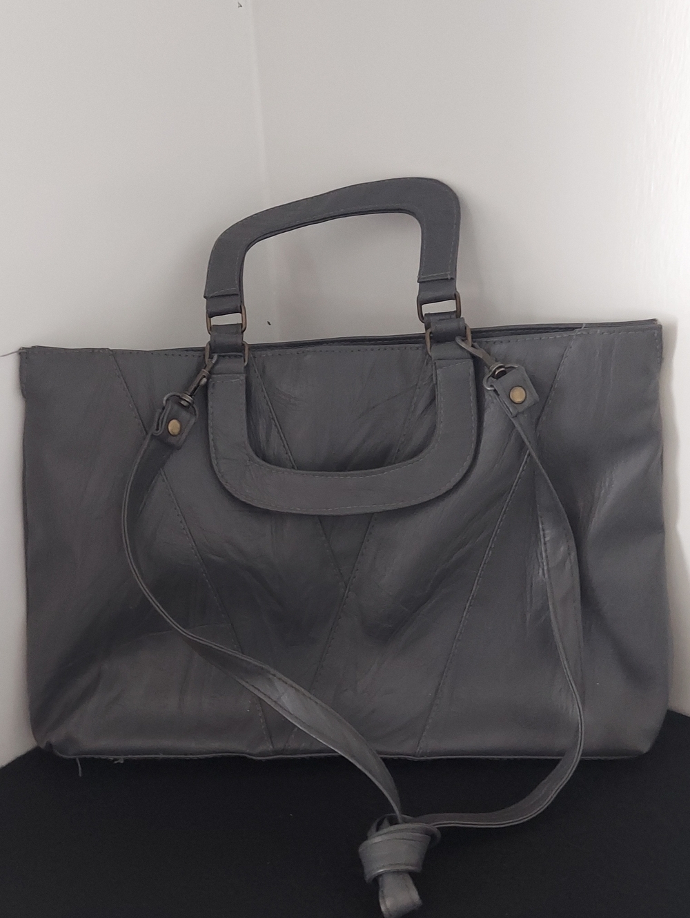 Structured Grey Leather Tote with Top Handles and Detachable Strap